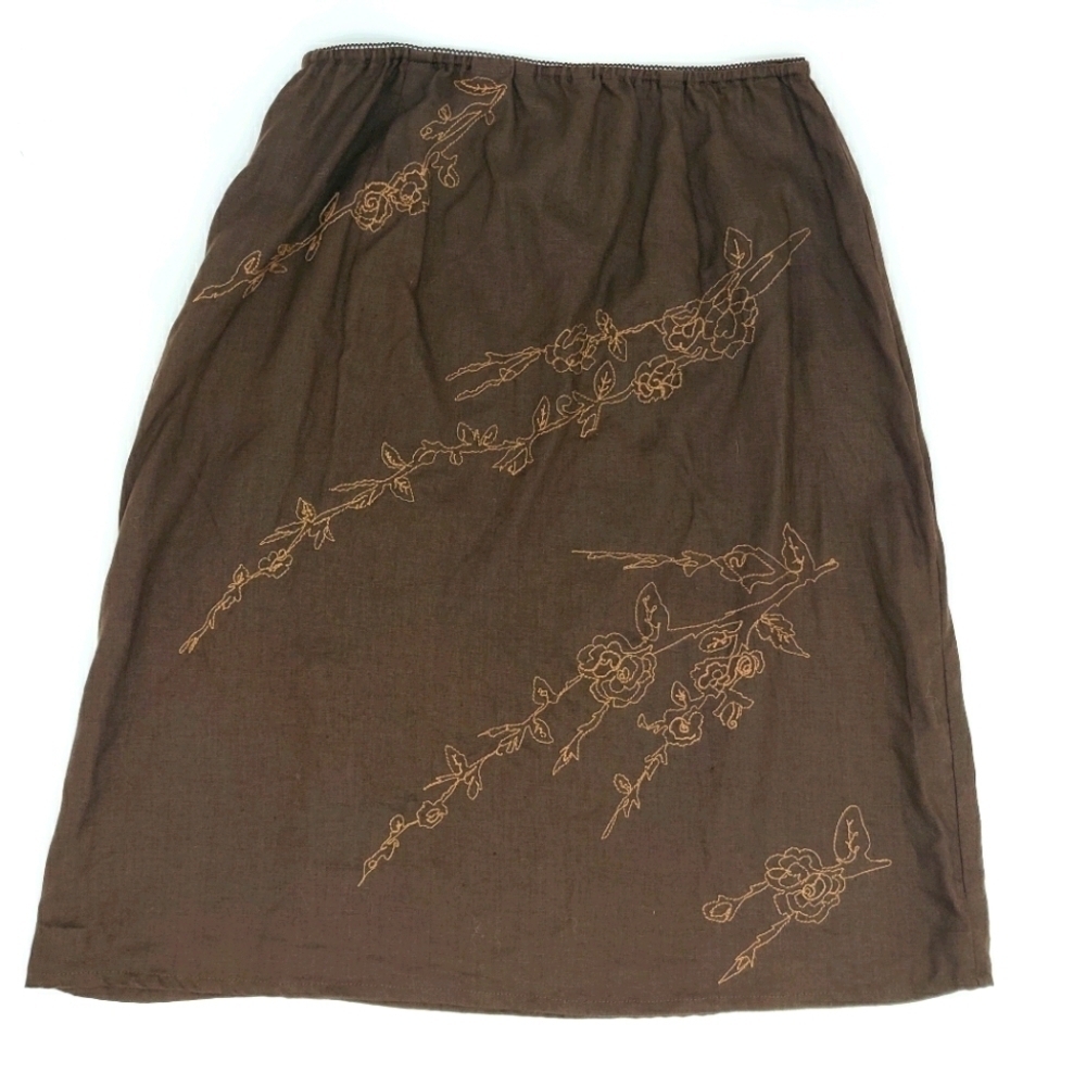 Eddie Bauer linen skirt embroidered 8 brown